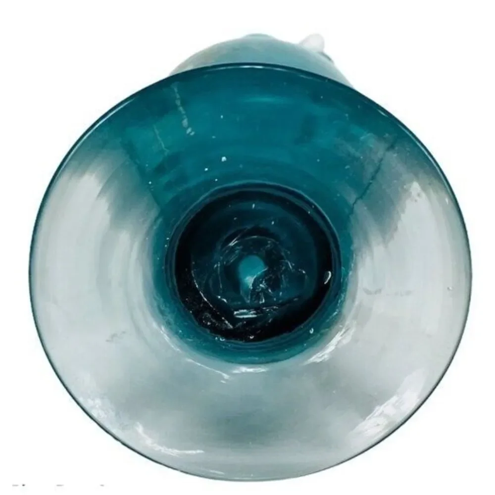 1900s Victorian Hand Painted Teal Gold Leaf Floral Blown Glass Ruffle Vase
